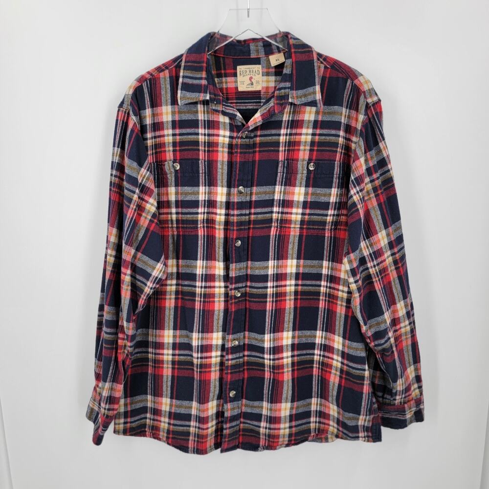 RedHead Flannel Shirt Mens XL Blue Red Plaid Tan Button Up Long Sleeve